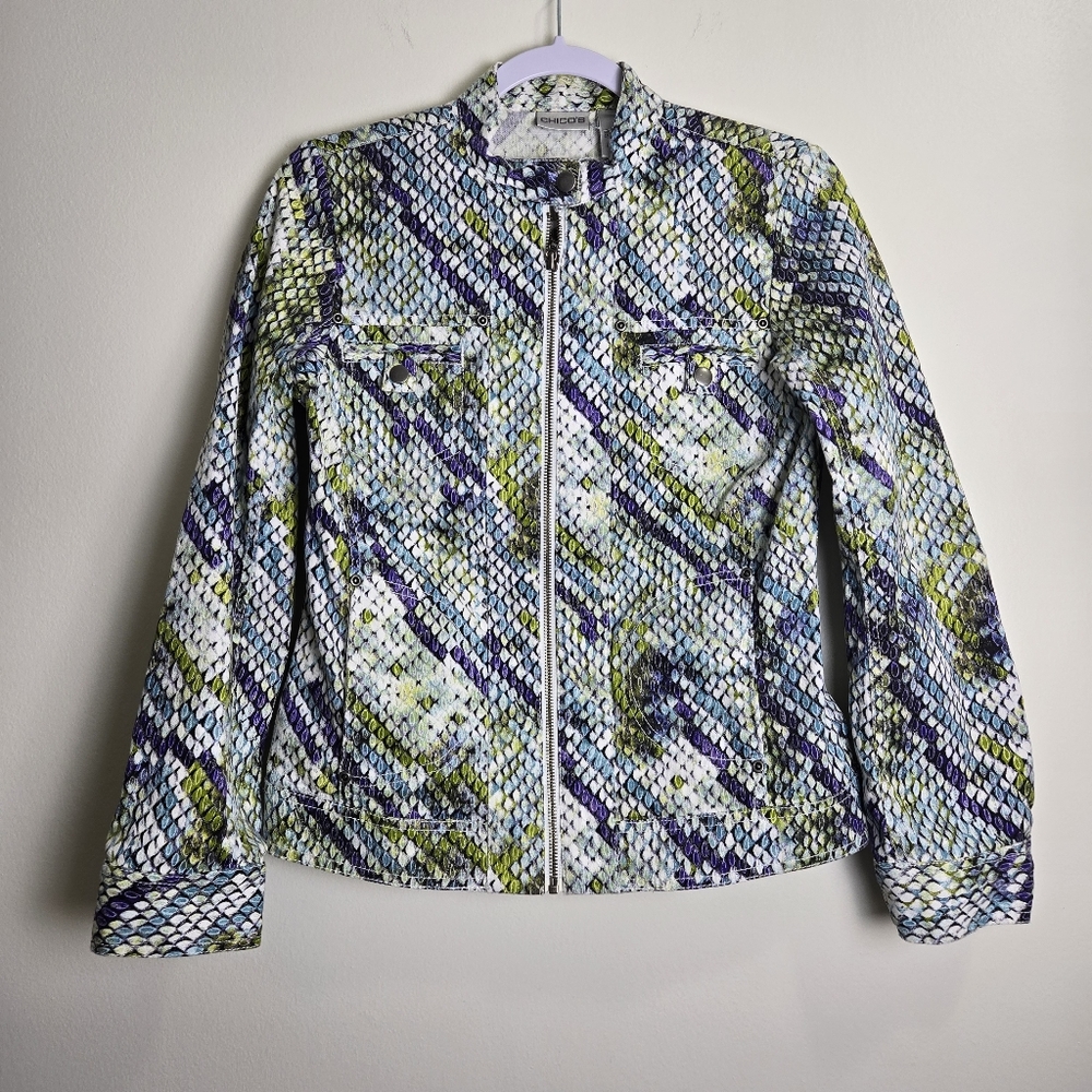 VTG CHICO'S Y2K Futuristic Green Fish Skin Glitters Marmeraid Jacket 0